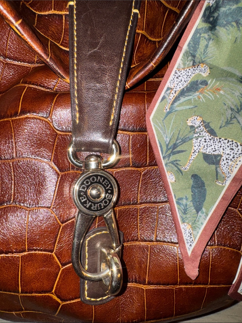 Croc-Embossed Brown Leather Shoulder Bag with Decorative Scarf - Picture 4 of 7